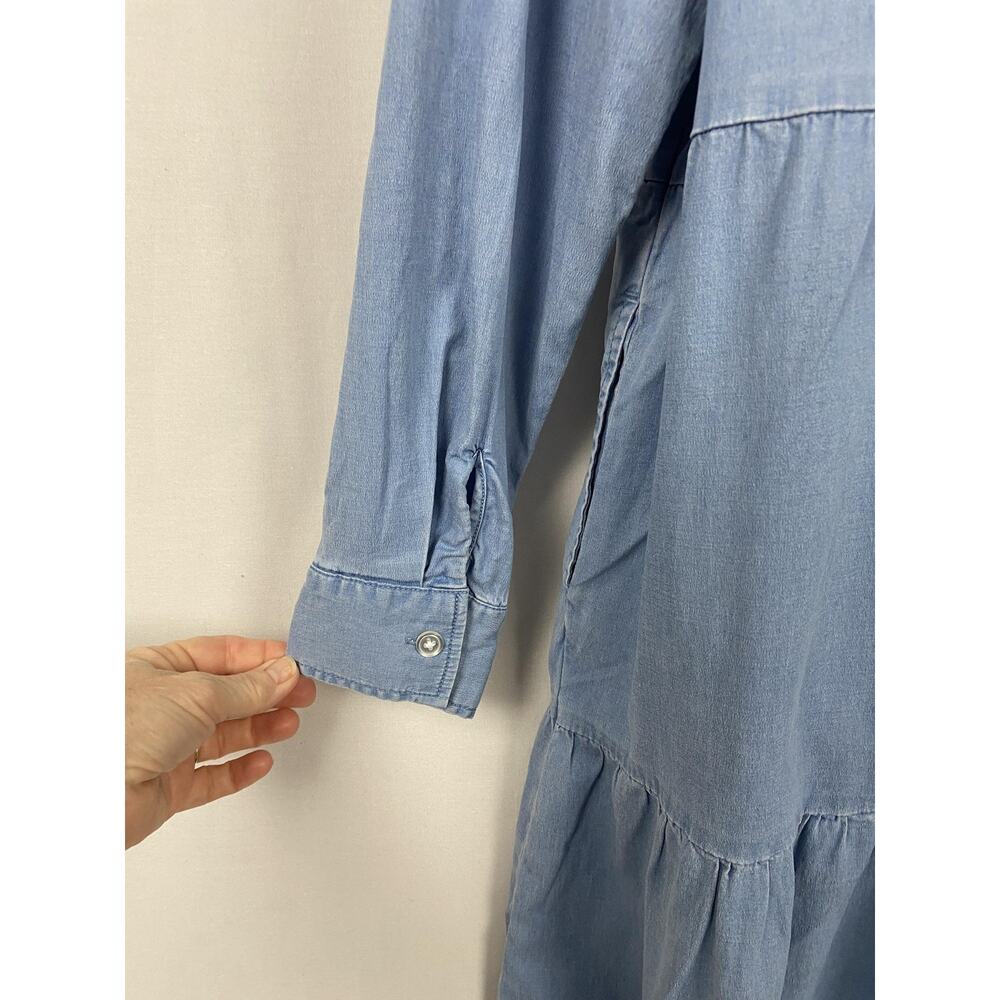 Belle BOHO Kim Gravel Chambray Dress Large Blue Denim Tiered Pockets Ruffle - Picture 5 of 13